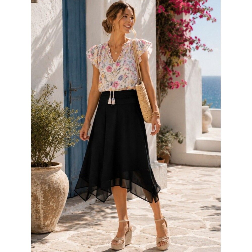 Apt. 9 Black High-Low Skirt Handkerchief Hem Midi Medium Flowy Quiet Luxury